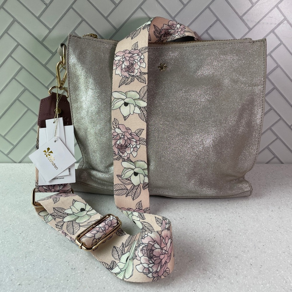 NEW Erin Condren Metallic Platinum Leather Crossbody Bag Tote Flora Floral Strap